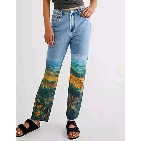 BLANKNYC Women's Sz 28 Blue Denim Floral Design Bottoms Hi-Rise Crop Jeans - Picture 10 of 10